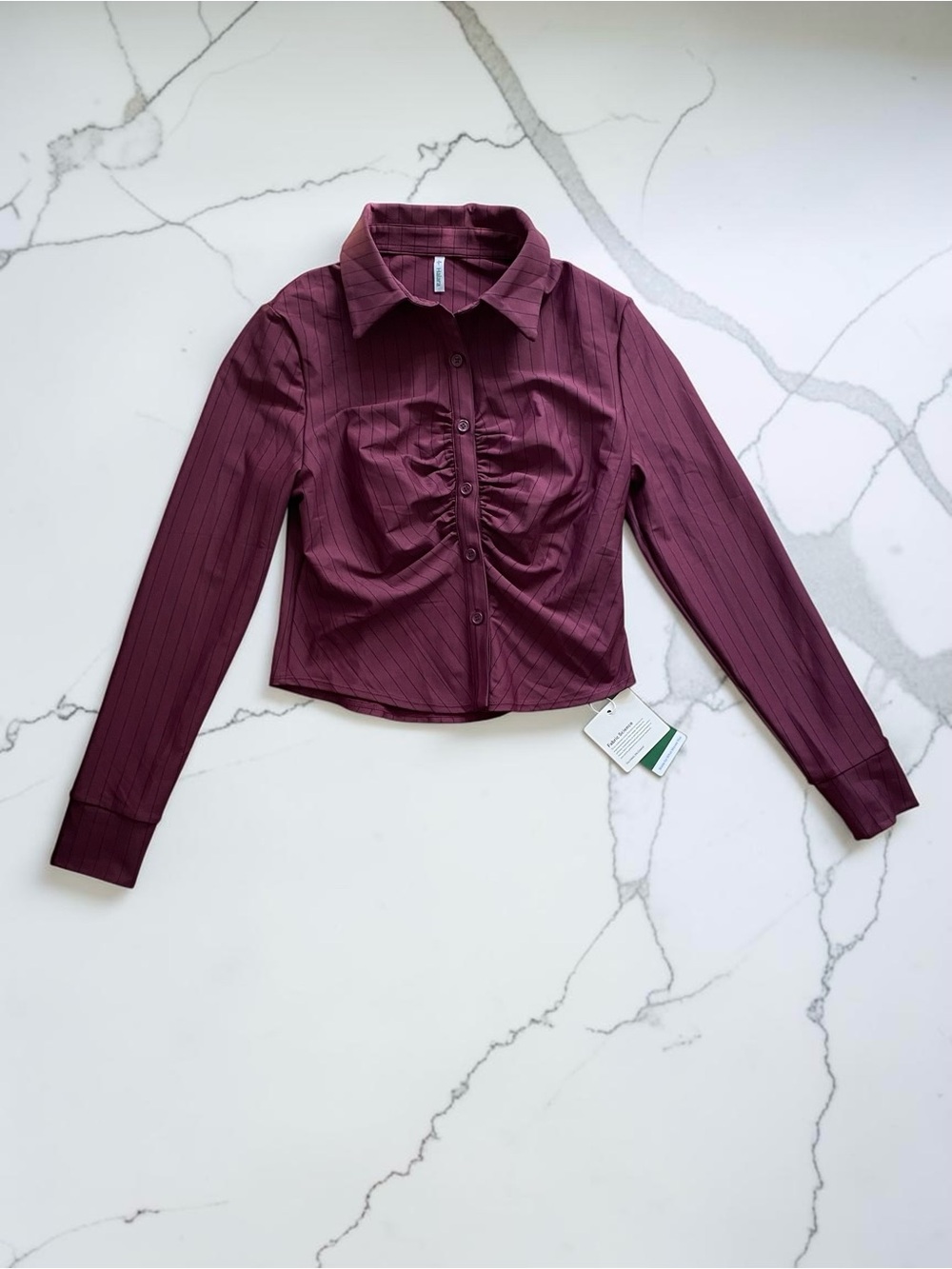 HALARA Burgundy Ruched Button-Front Long Sleeve Shirt